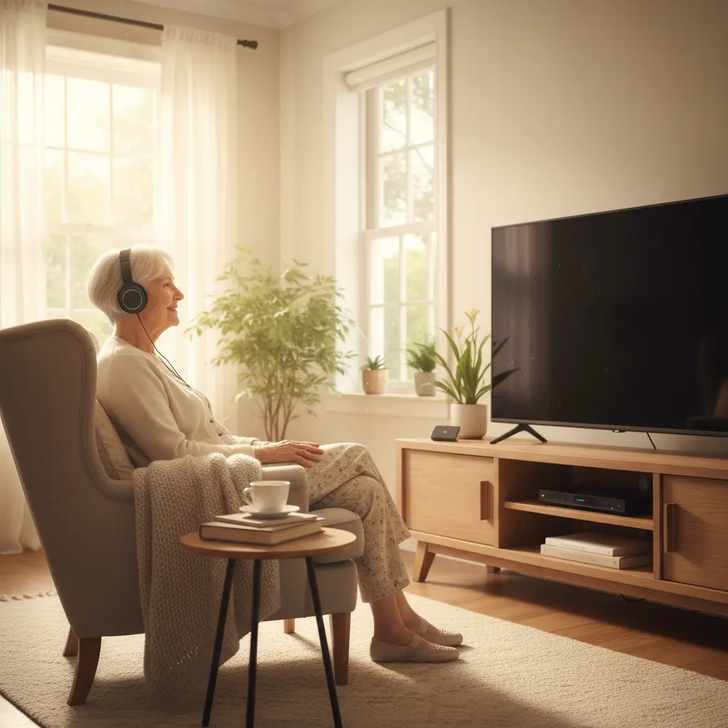 Senior relaxing in a living room enjoying clear television audio