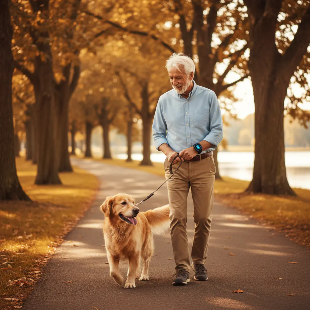 Older gentleman wearing a GPS wristband while walking a dog