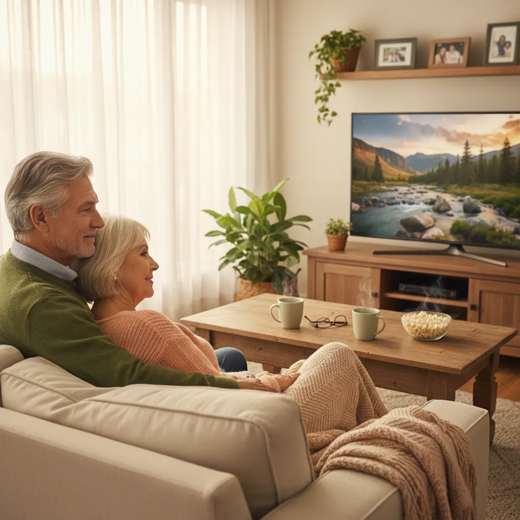 Senior couple watching television together comfortably