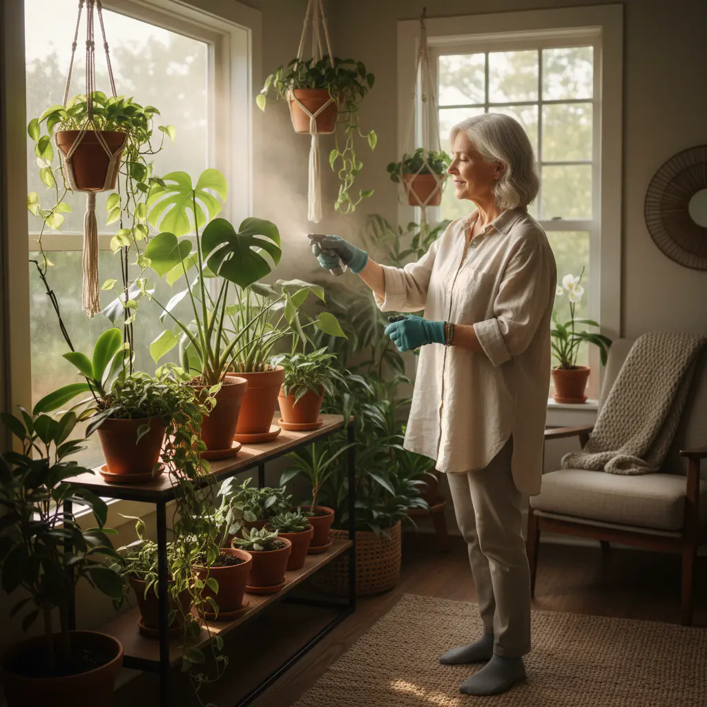 Senior woman tending to indoor plants