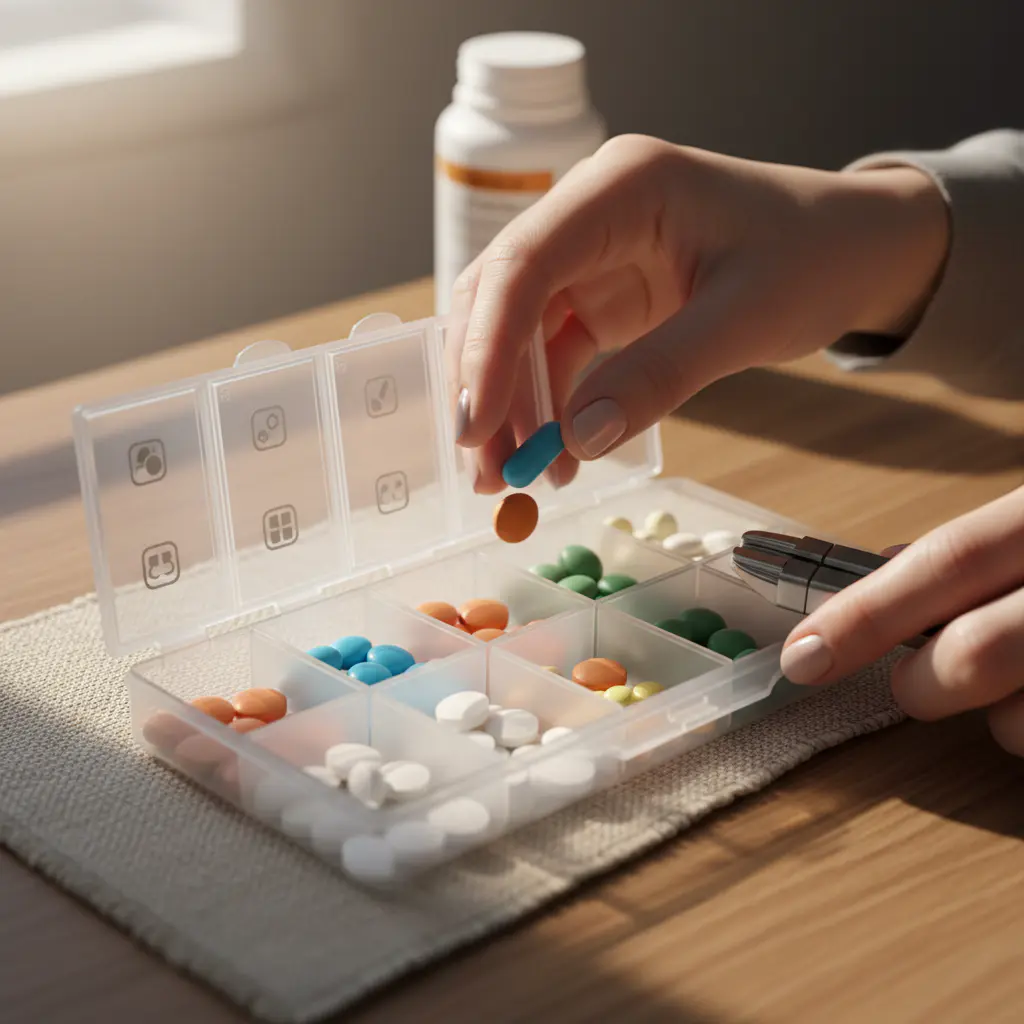 Hands organizing a weekly pill box