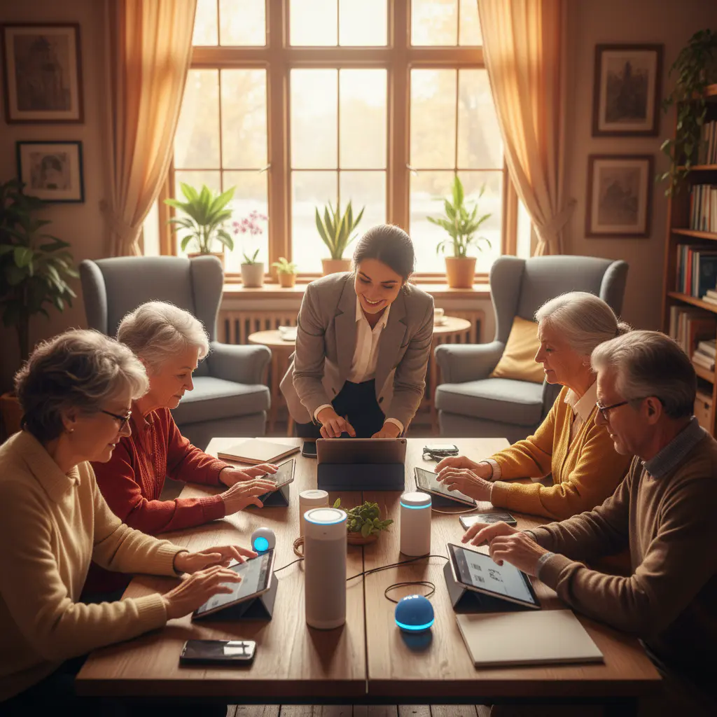 A community group learning about new devices
