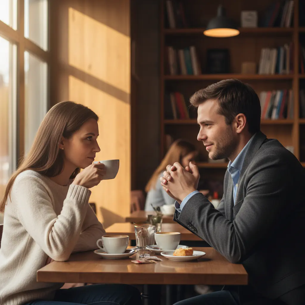 Two people having a thoughtful discussion over coffee